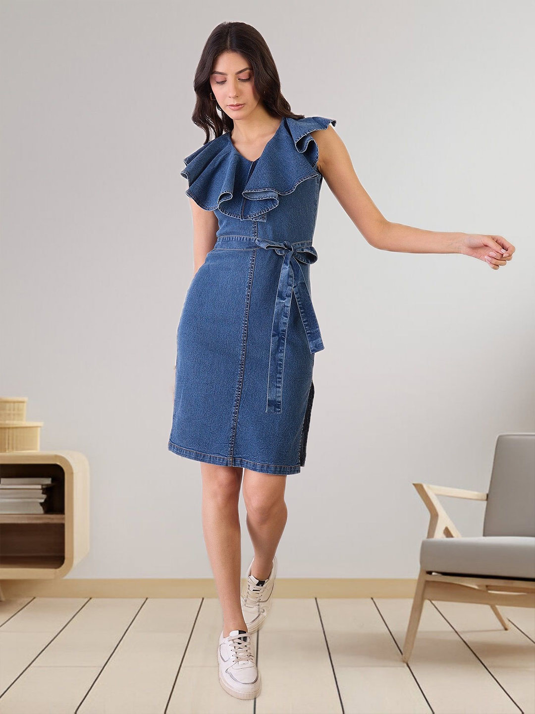 R.Code by The Roadster Life Co. Flutter Sleeve Ruffle Detail Denim Sheath Dress