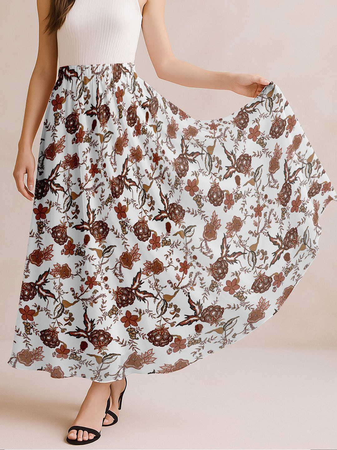 Moomaya Women Floral Printed High Waist Tiered Maxi Skirt
