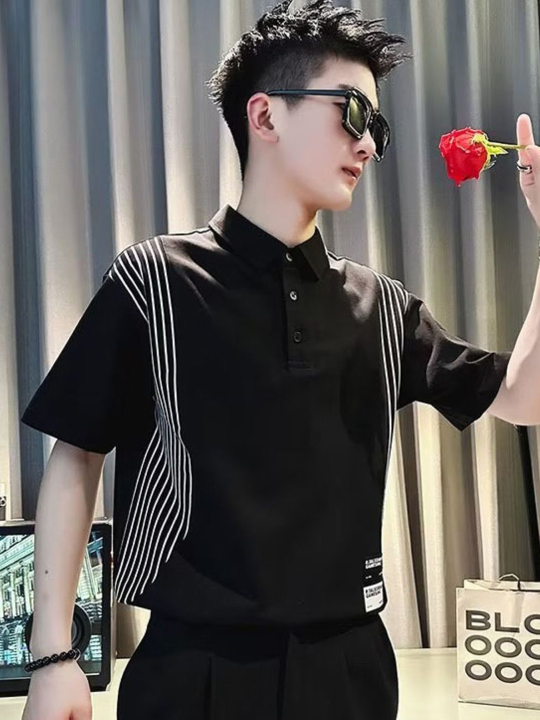 Black Striped Polo Collar Regular Fit T-shirt