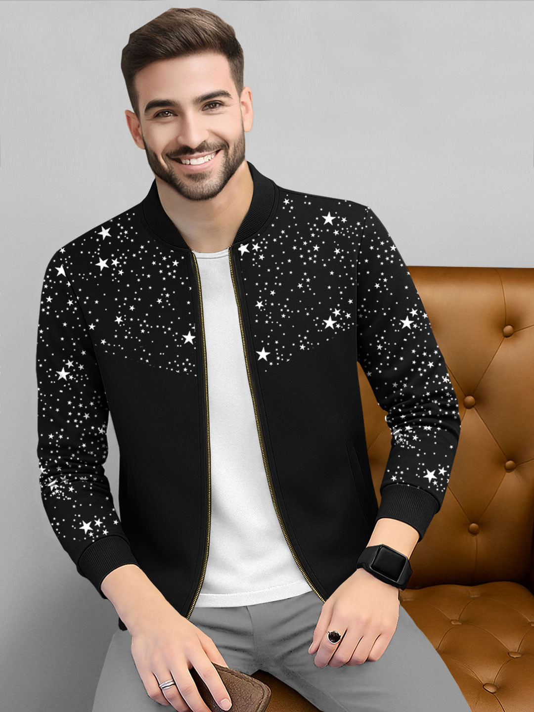 TRIPR Abstract Printed Stand Collar Long Sleeves Bomber Jacket