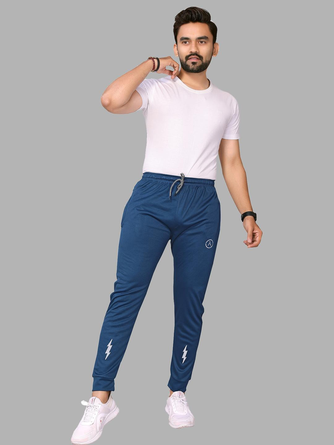 Moda Rapido Men Blue Plain Lycra for Casual & Gym Wear Cotton Drawstring Trackpant