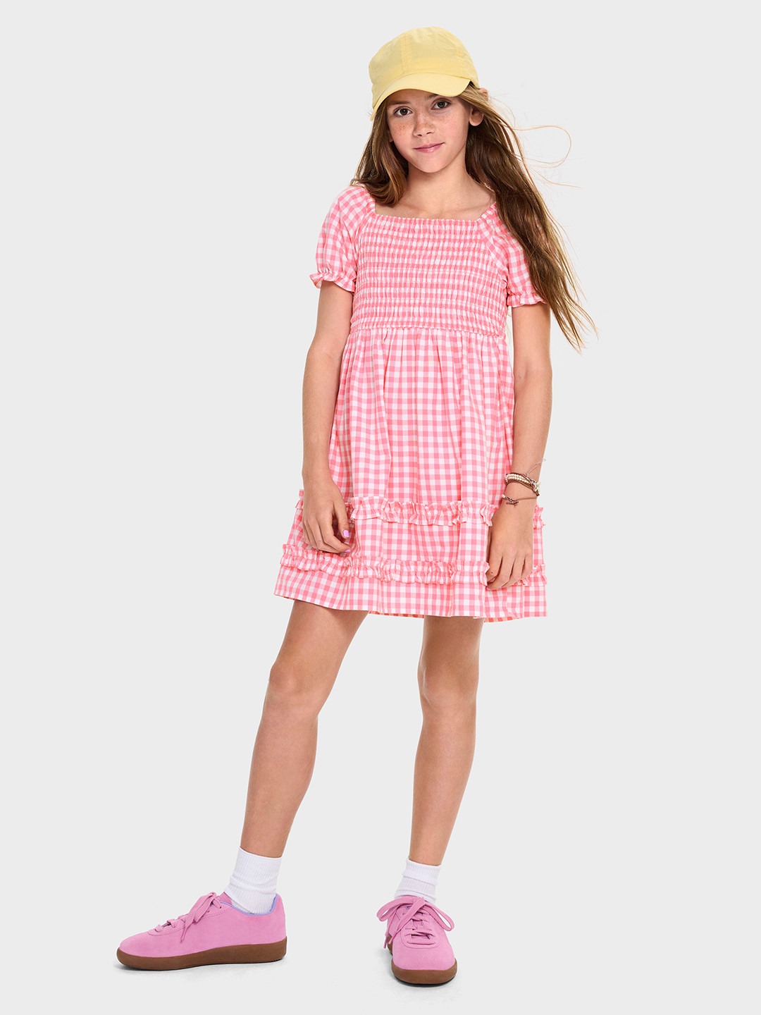 THE CHILDREN'S PLACE Checked Smocked Puff Sleeve Fit & Flare Dress