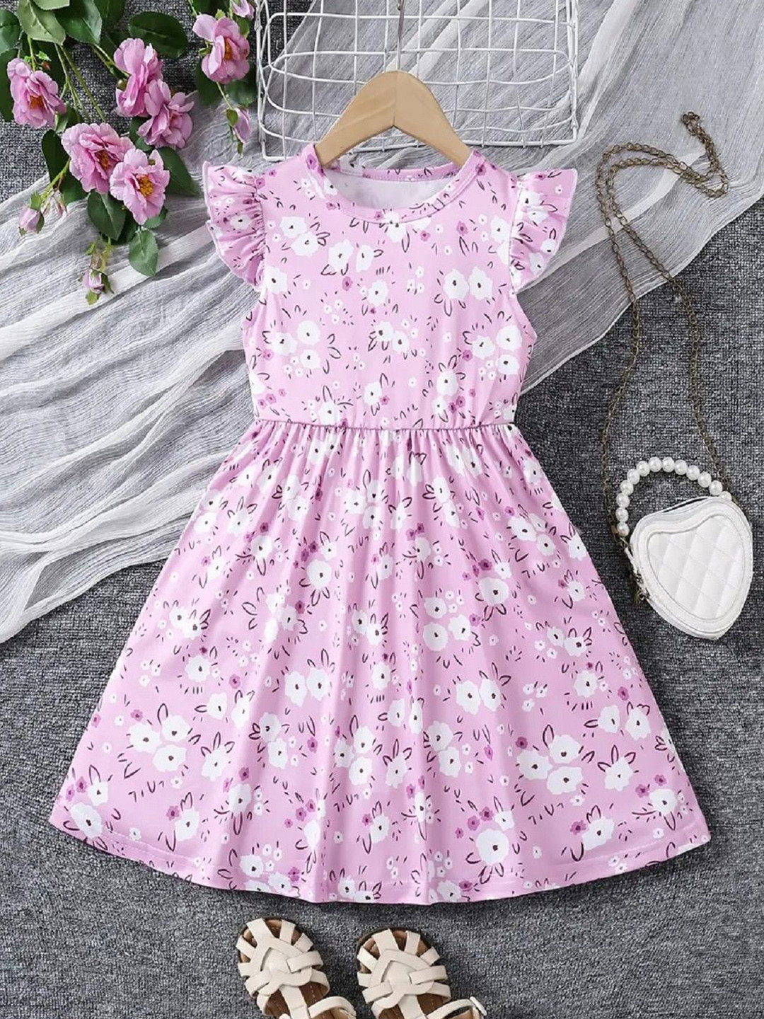White World Girls Floral Printed Flutter Sleeve Fit & Flare Dress