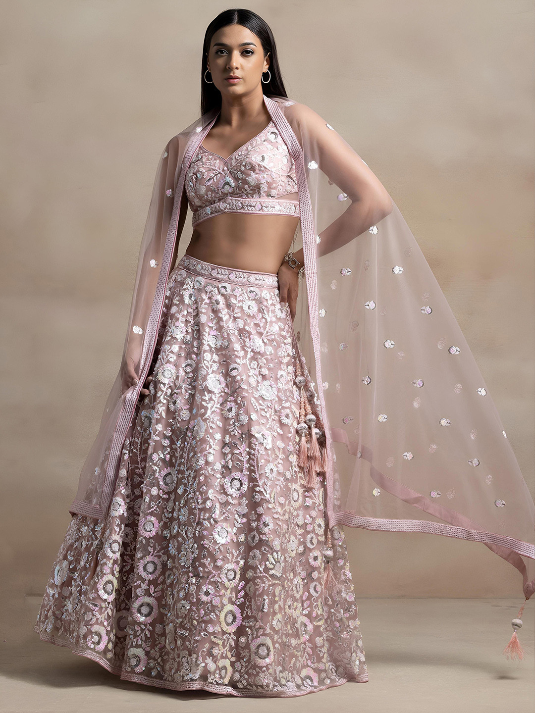 ETHNIC PLUS Embroidered Sequin Net Semi-Stitched Lehenga & Unstitched Blouse With Dupatta