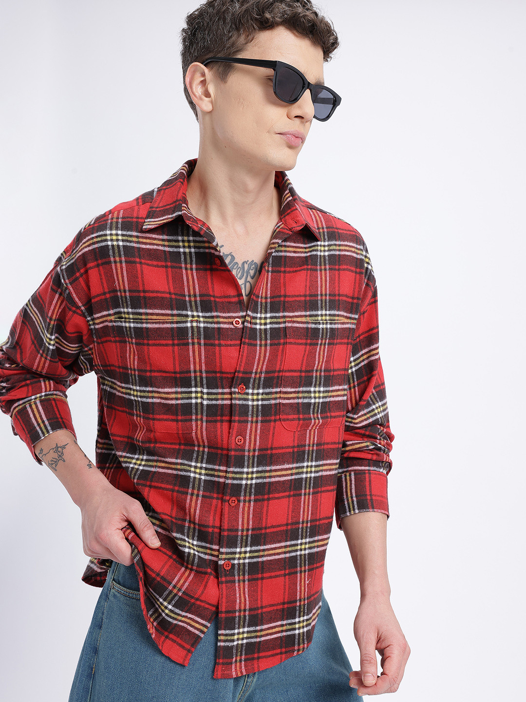 glitchez Tartan Checked Plaid Oversized Flannel Shirt