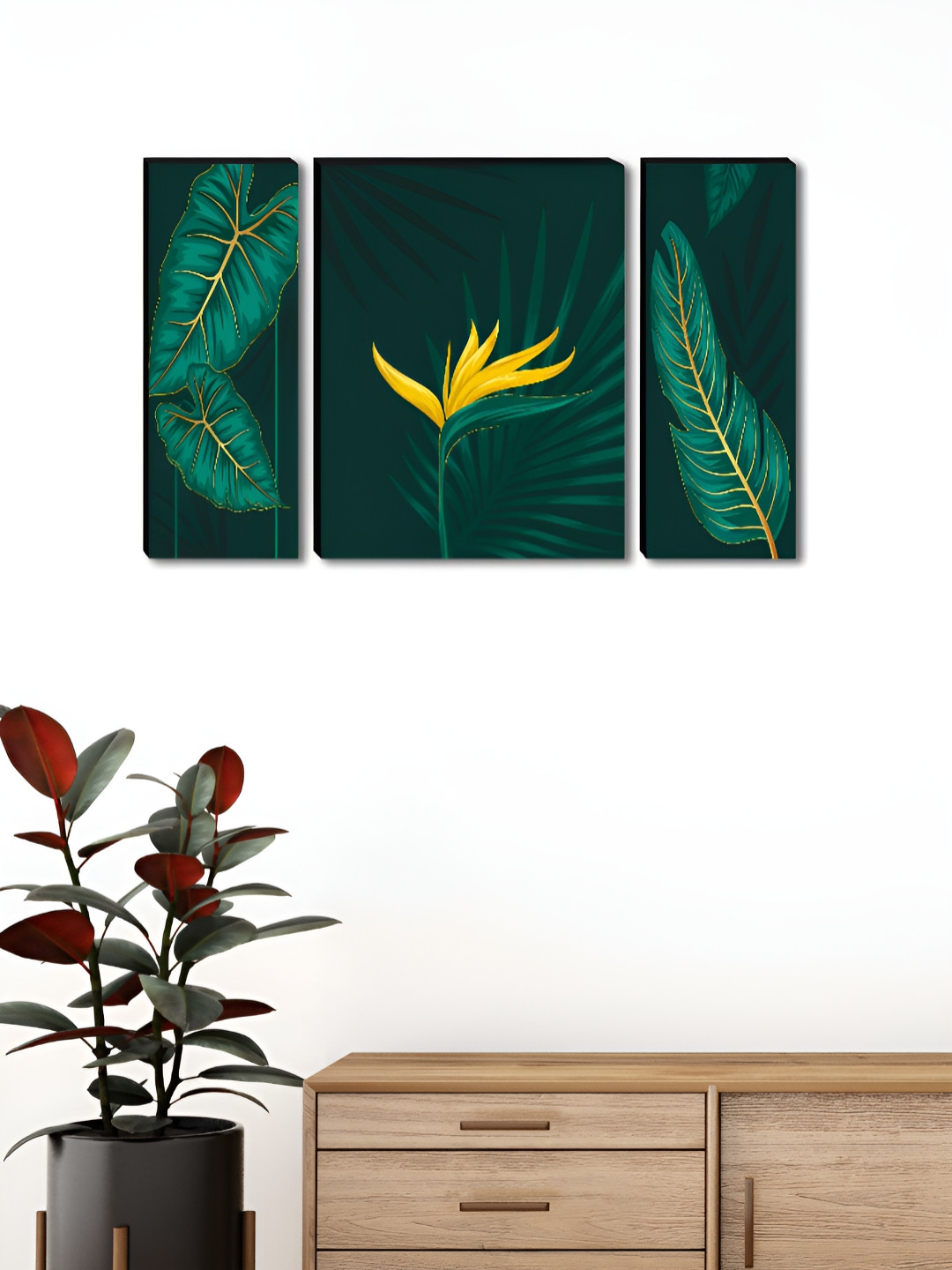 SAF Green & Yellow 3 Pieces Tropical Leaf & Flower Bold Botanical Wall Arts