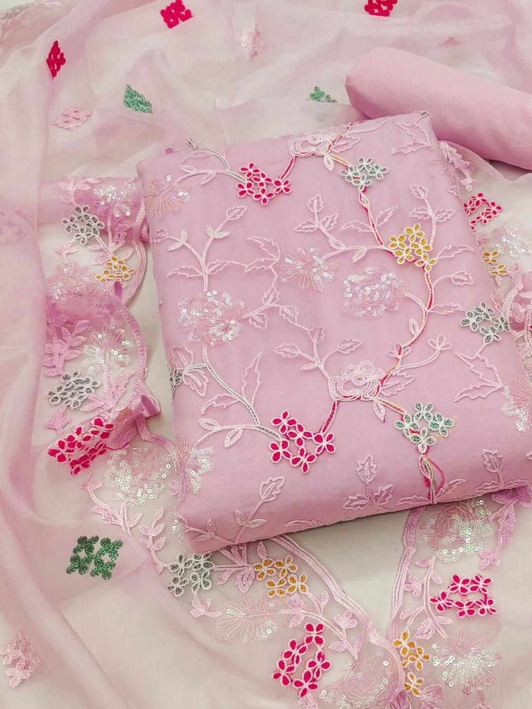 KALINI Women Pink Embroidered Floral Dress Material