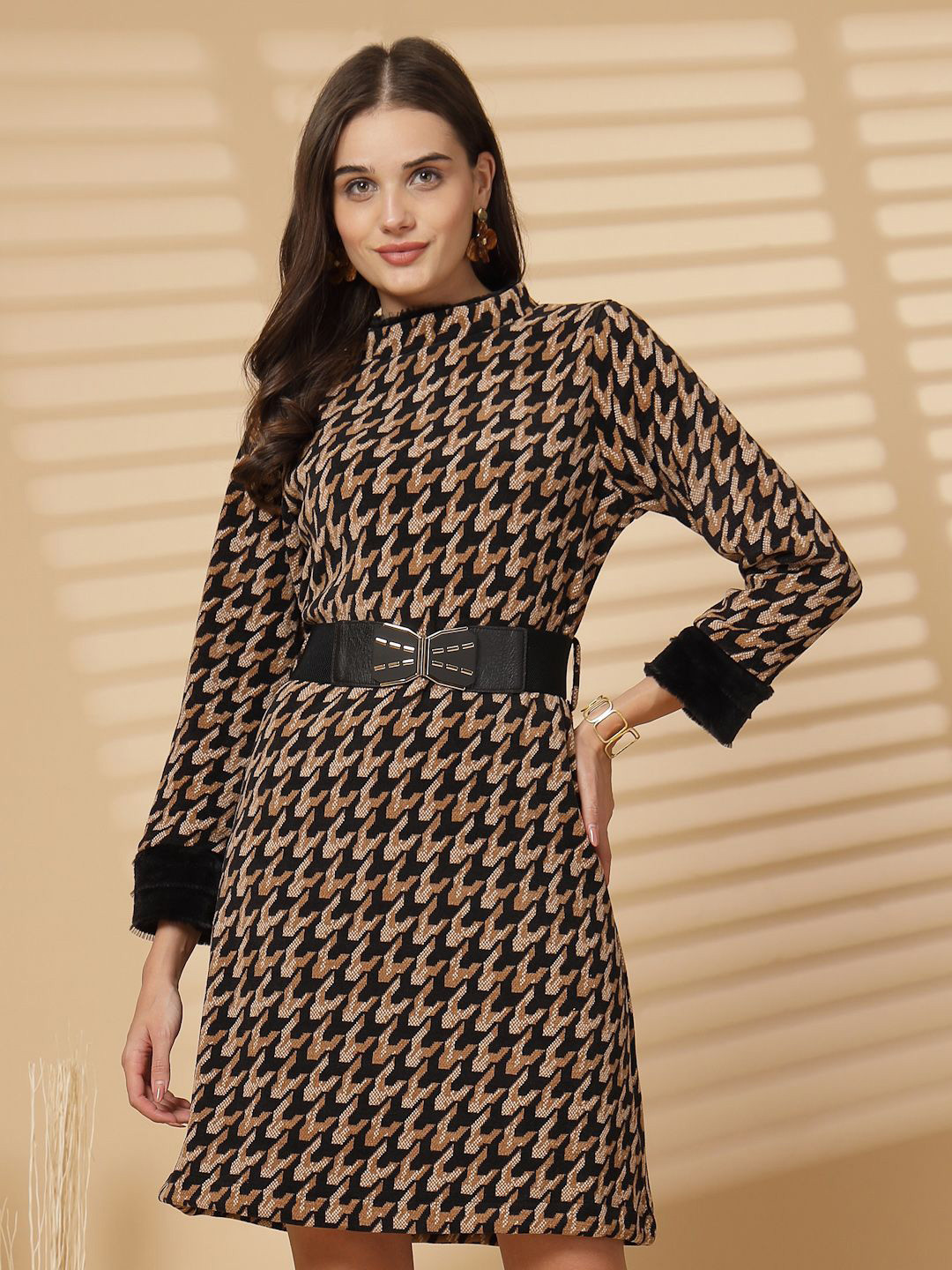 Thirty Threads Women Geometric Print Mock Neck Jumper Dress