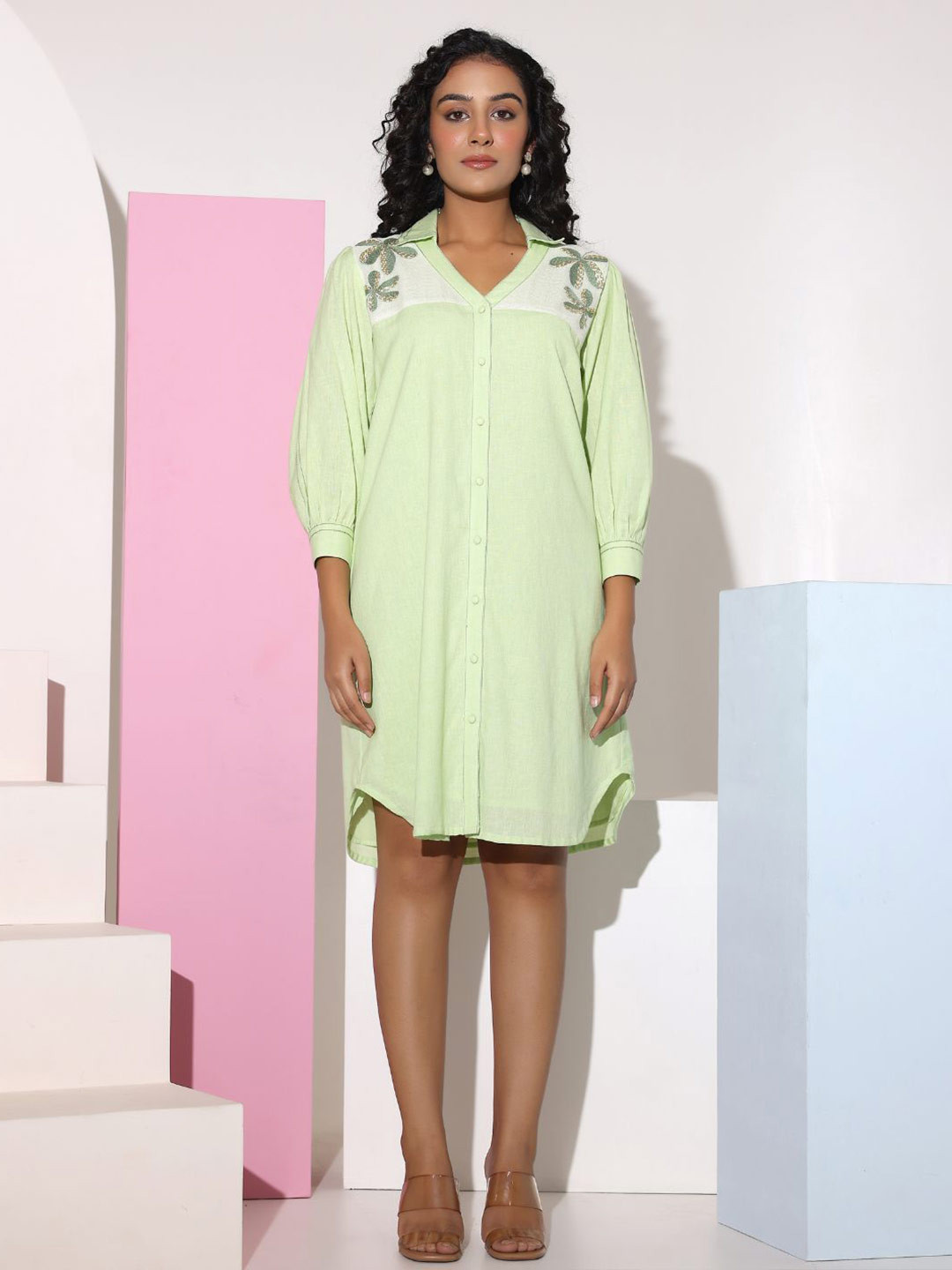 Zolo Label Women Pastel Green Sequined Work Shirt Dress