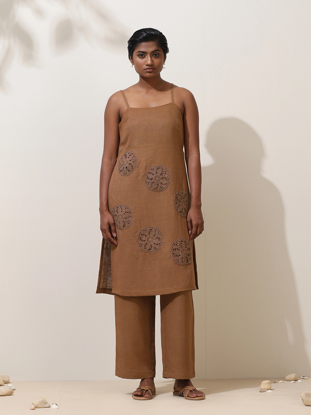 trueBrowns Kora Brown Crochet Natural Cotton Kurta Co-Ord Set