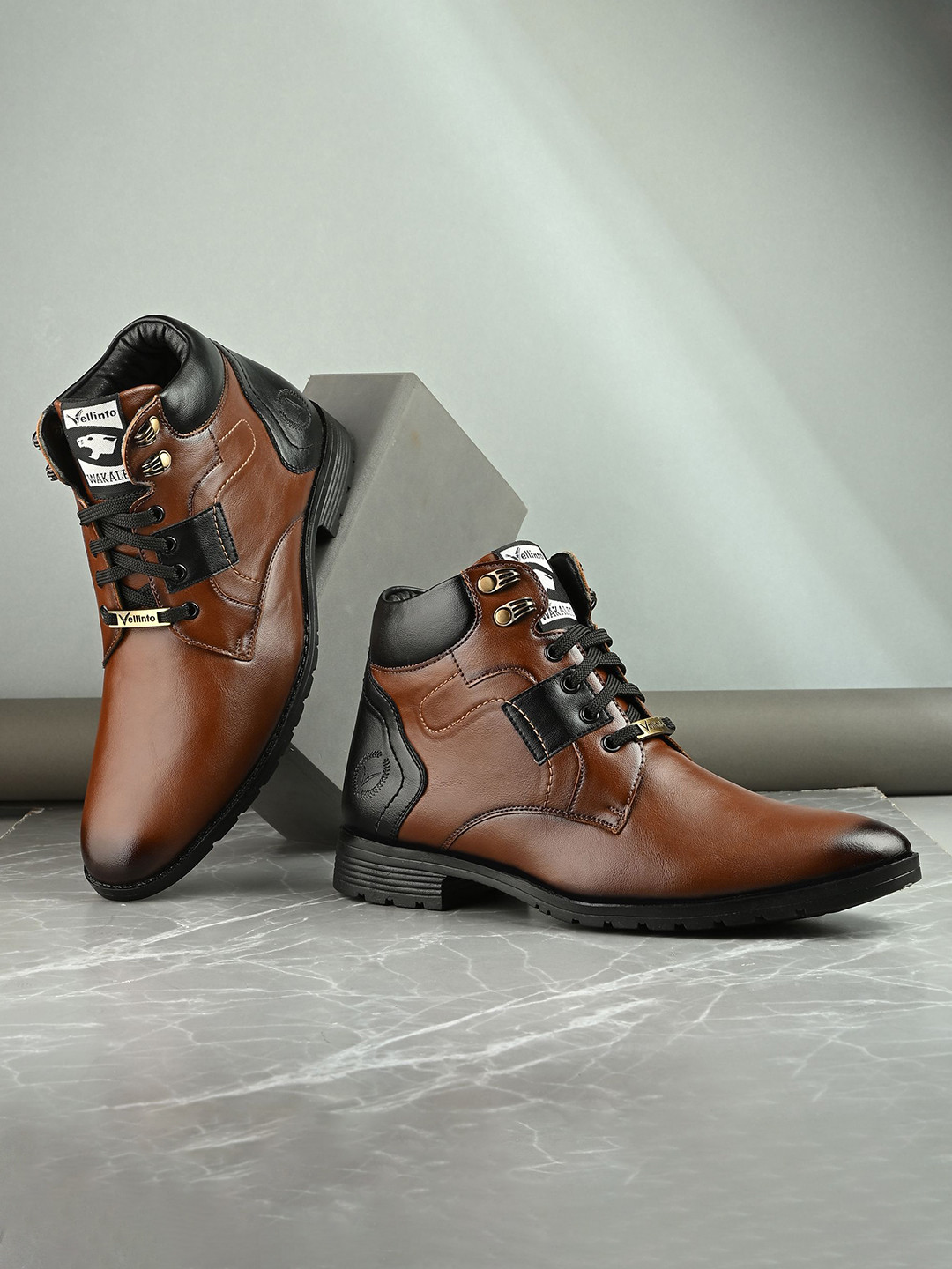 Vellinto Men Colourblocked Round Toe Lace-Up Mid-Top Biker Boots With Buckle Detail