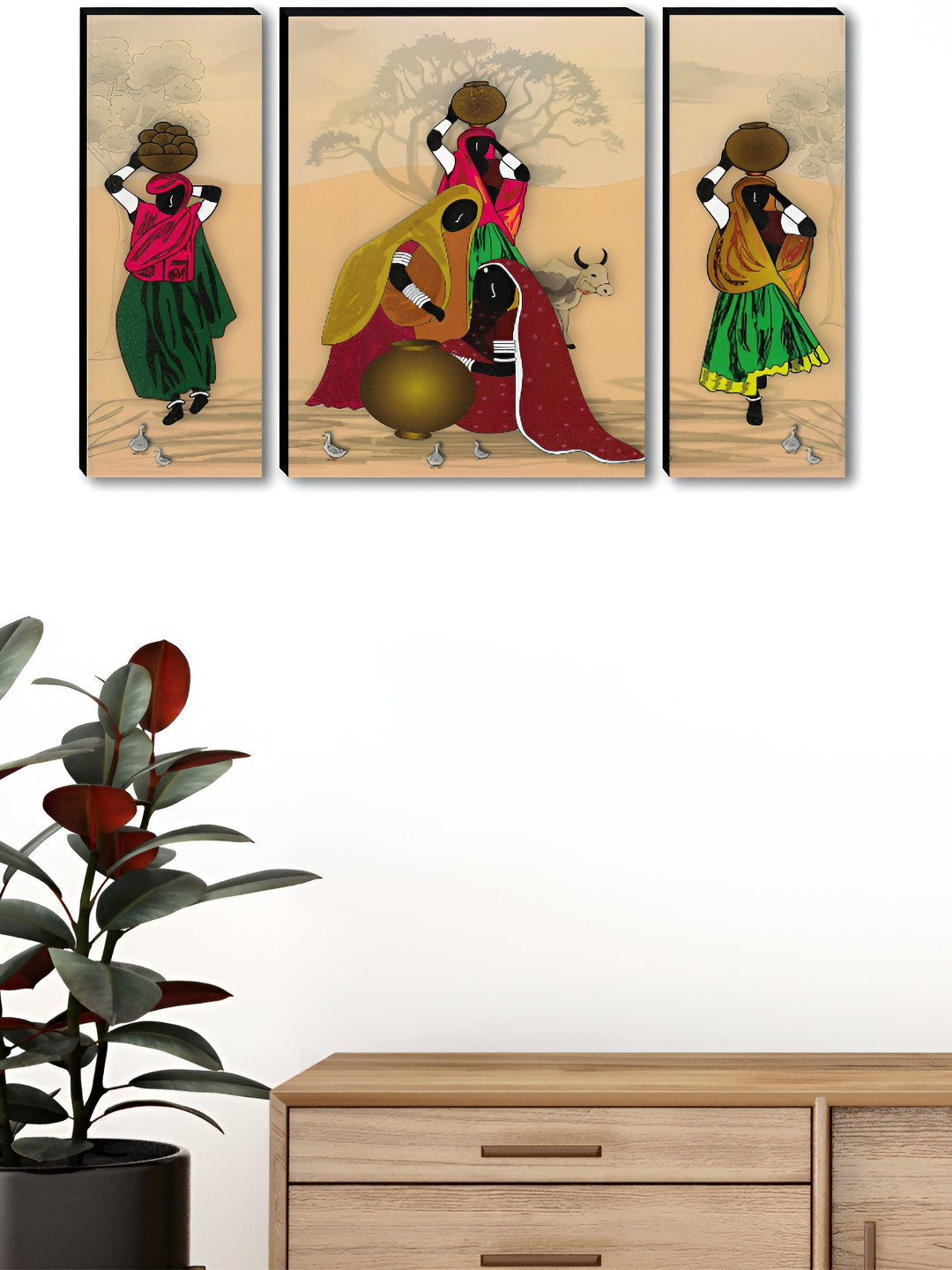 SAF Cream-Coloured & Red 3 Pieces Tribal Village Women Printed Wall Arts