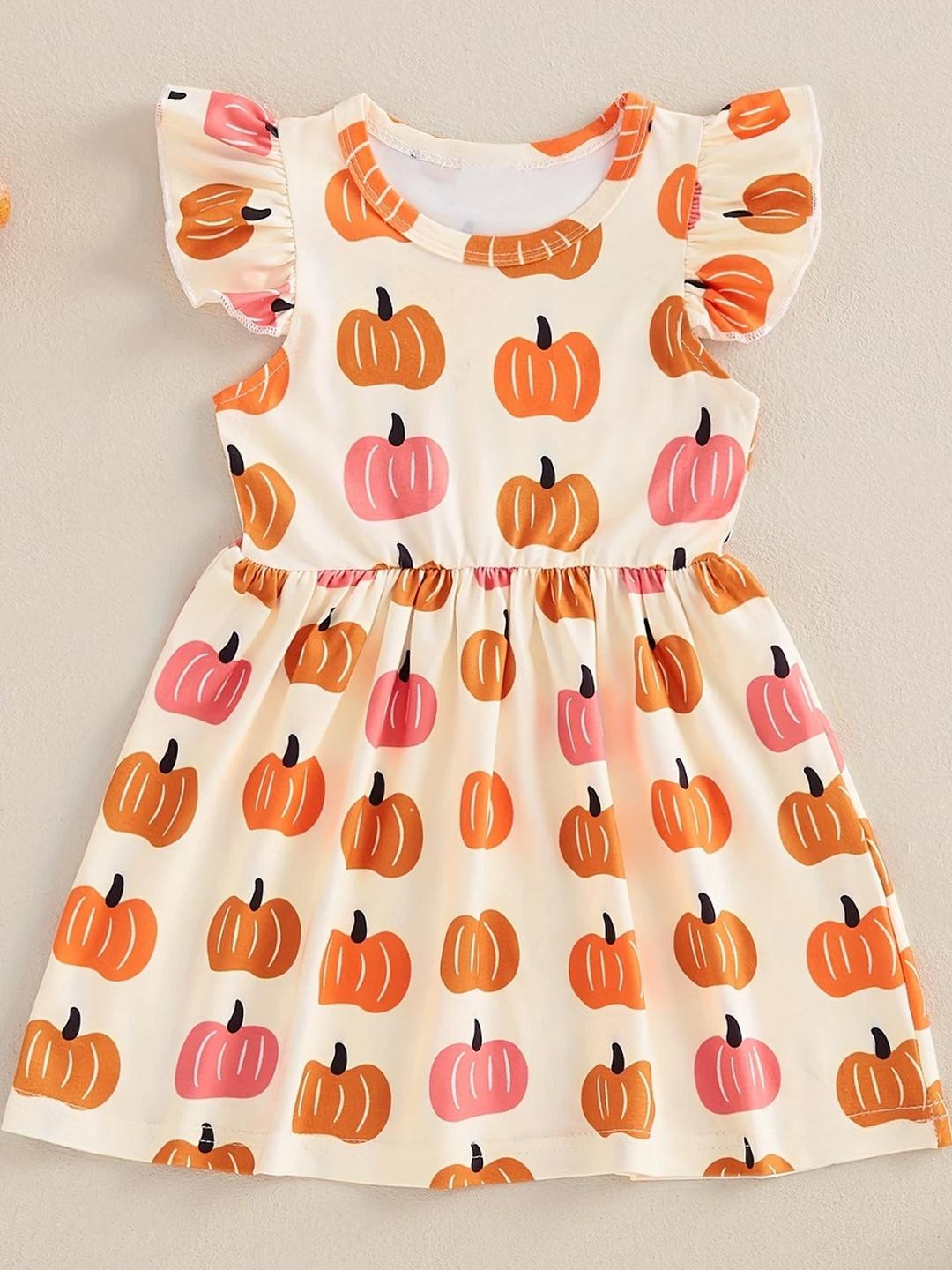 Billion Girls Cream Pumpkin Printed Fit and Flare Round Neck Sleeveless Dress