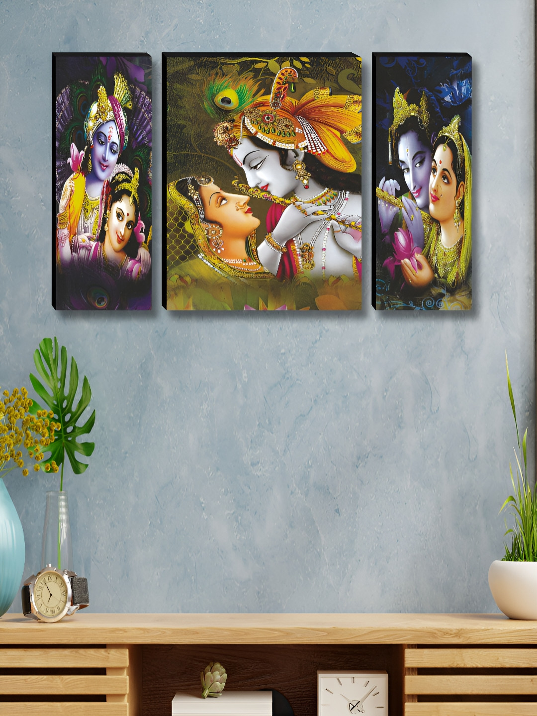 SAF Blue & Grey 3 Pieces Radha Krishna Printed Wooden Wall Arts