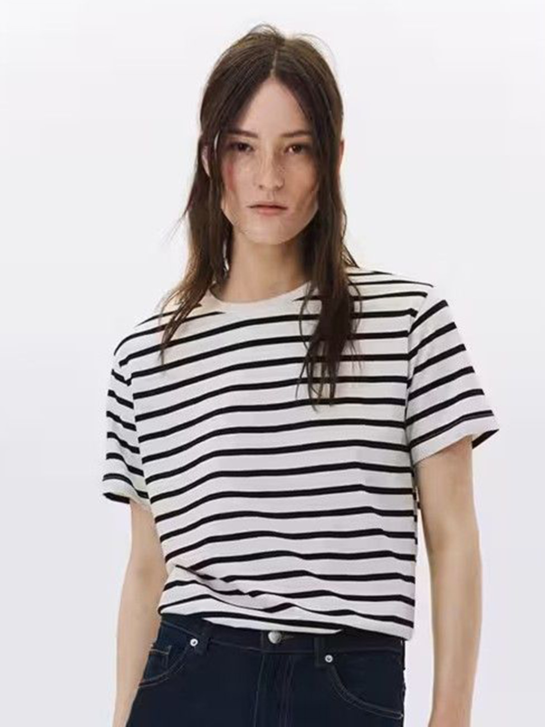 TOGS & TERRE Women Striped Round Neck Cotton Oversized Cotton T-shirt