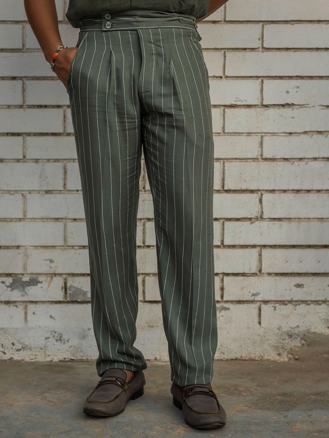 JAVINISHKA Men Striped Straight Fit High-Rise Waist Adjustable Trousers