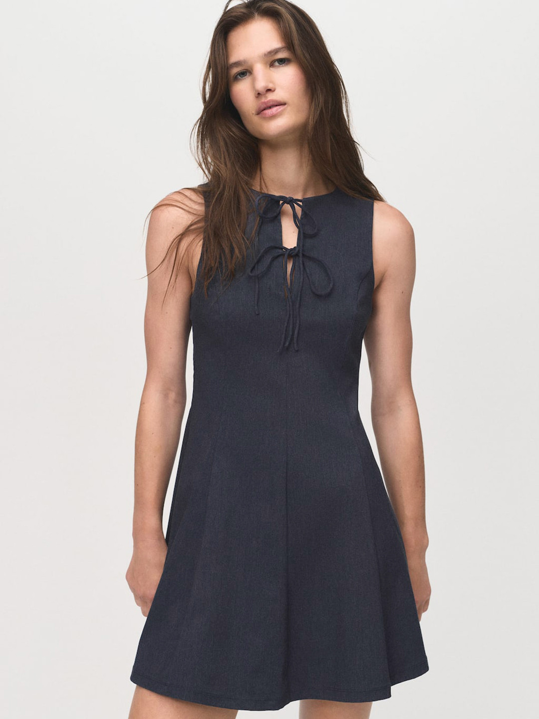 MANGO Chambray Tie-Up Neck Fit & Flare Mini Dress