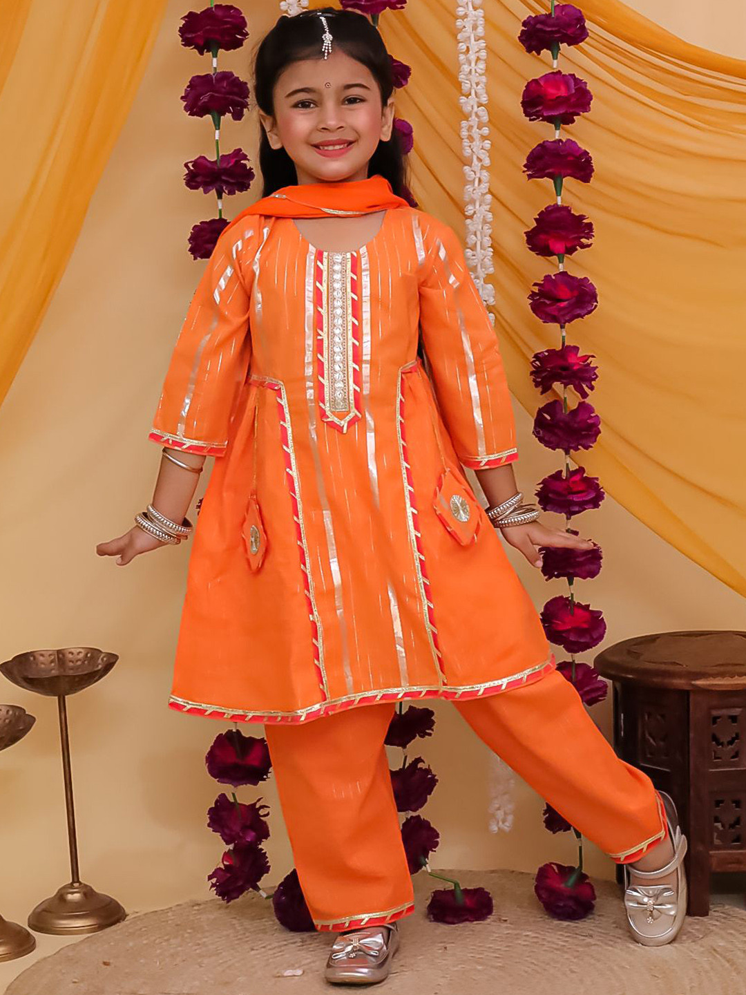 Aj DEZInES Orange Cotton Sleeveless Lurex and Gotta Work Girls Suit Set