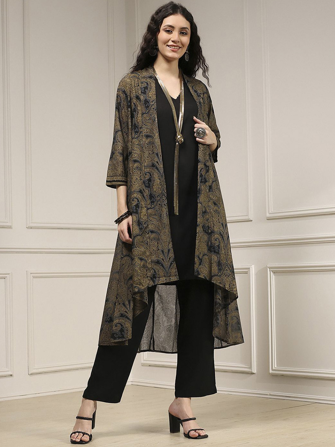 Biba Women V-Neck Regular Kurta With Trousers With Jackets