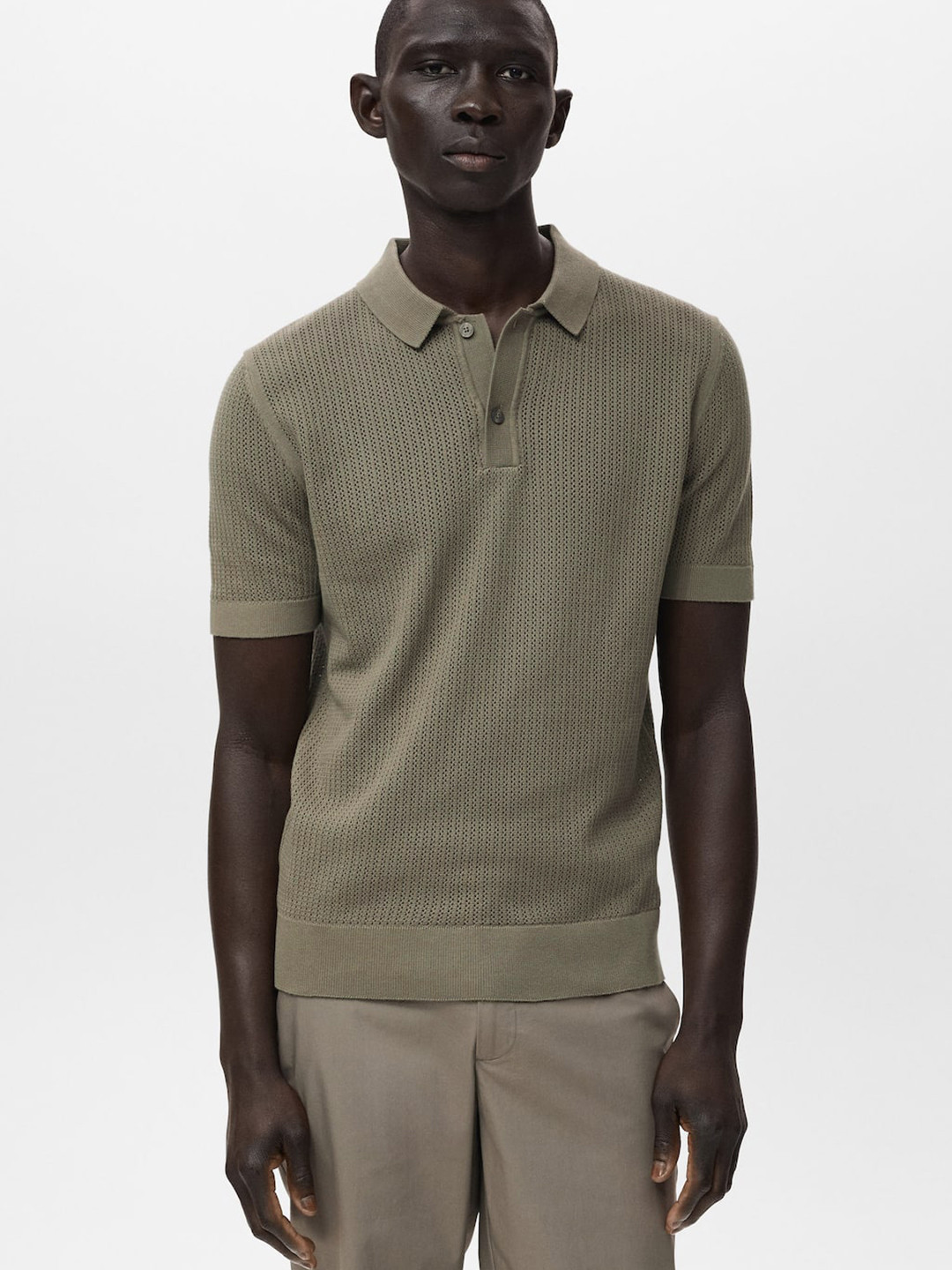 MANGO MAN Vertically Self-Striped Pure Cotton Polo Collar T-shirt with Open Knits