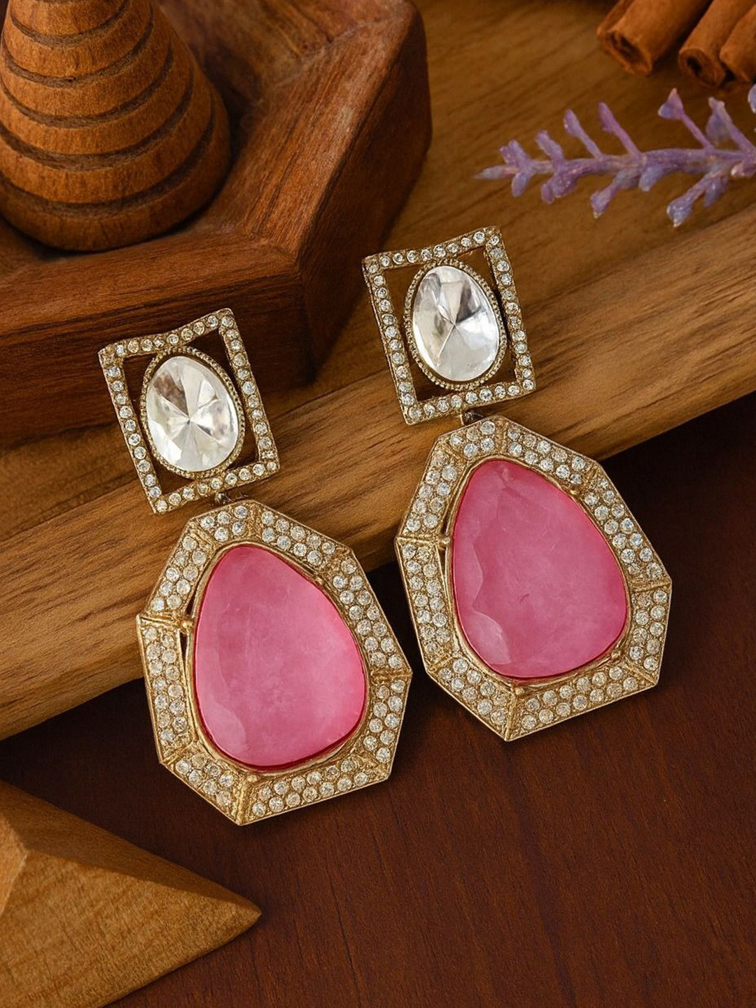 TJC Gold-Plated Gemstones Studded Geometric Shaped Drop Earrings
