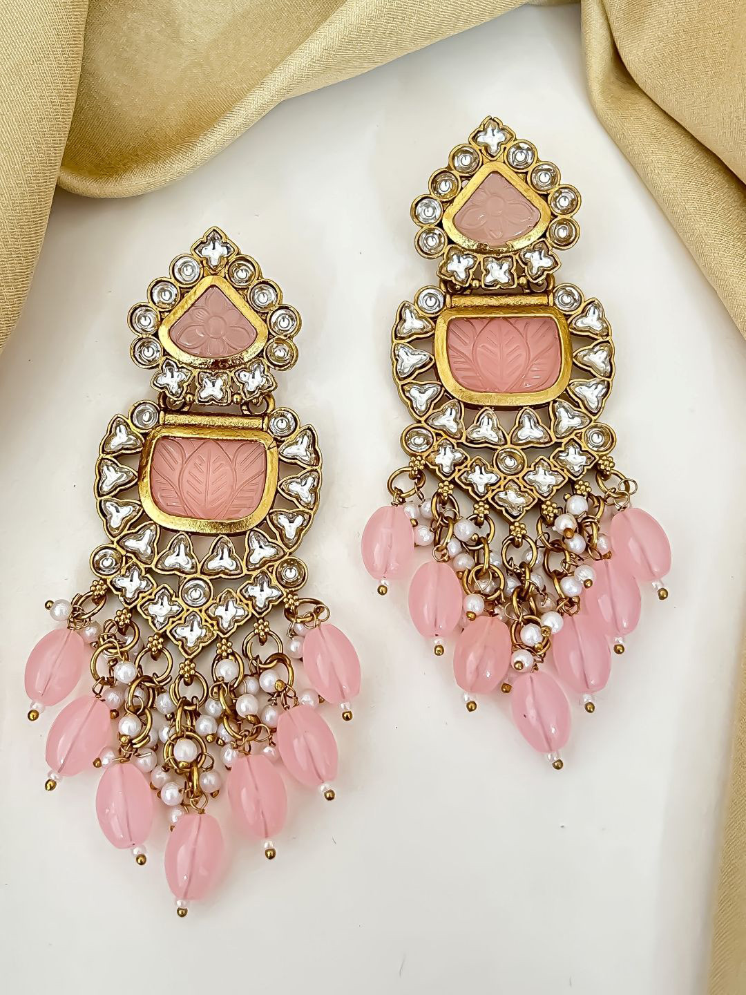 Zeviel Gold-Plated Kundan Studded & Artificial Beaded Teardrop Shaped Drop Earrings