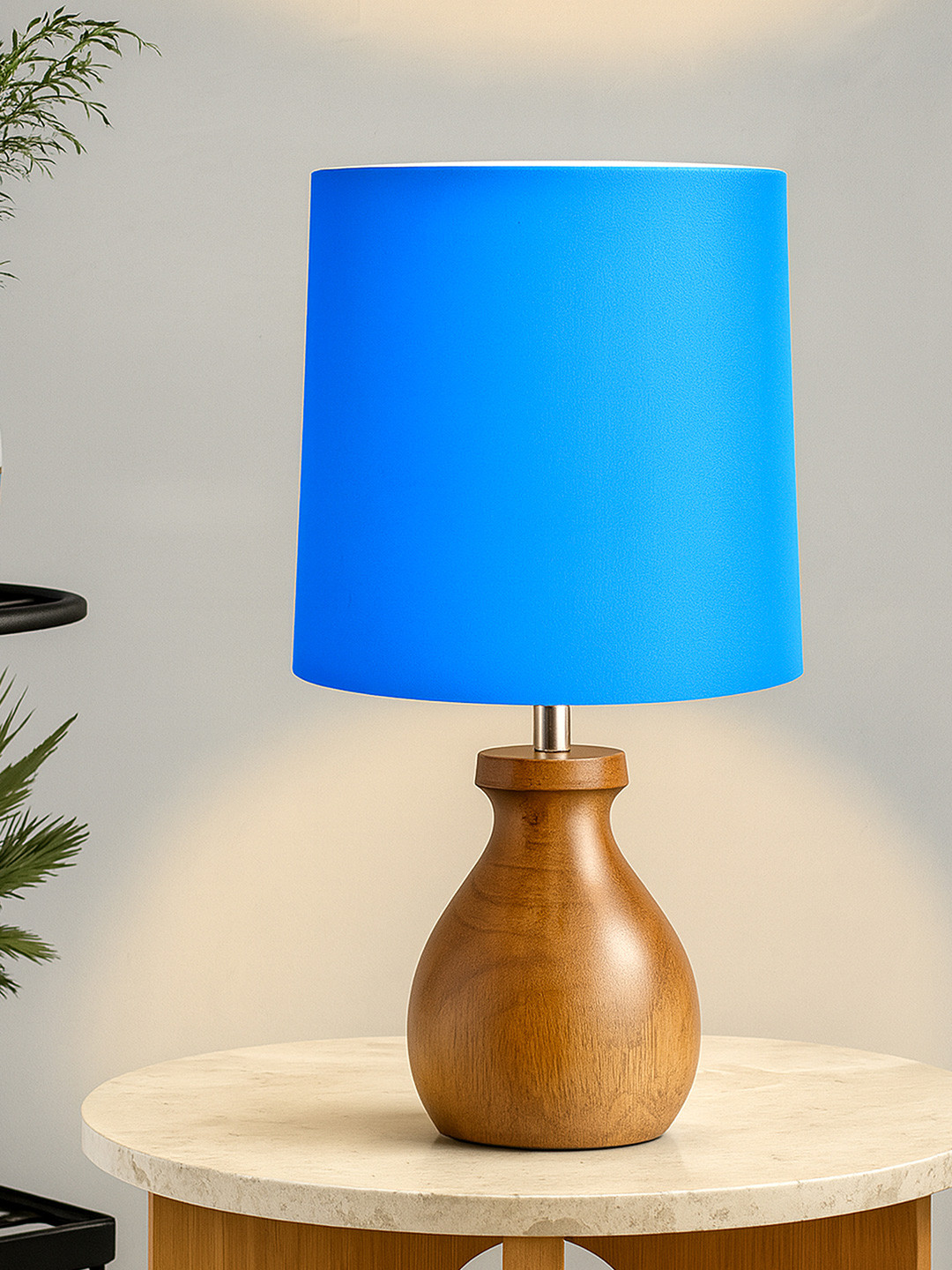 Homesake Turquoise Blue & Brown Wooden Cylindrical Shaped  Vintage Table Lamp with Bulb