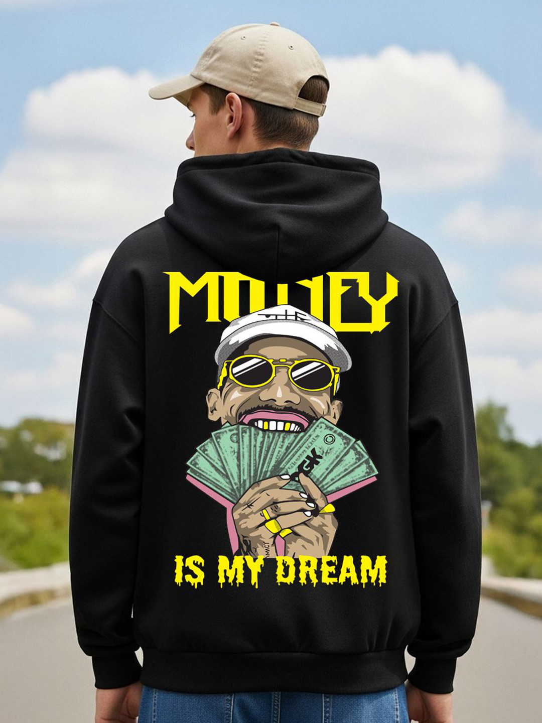 Black Hooded Sweatshirt with Typography Print