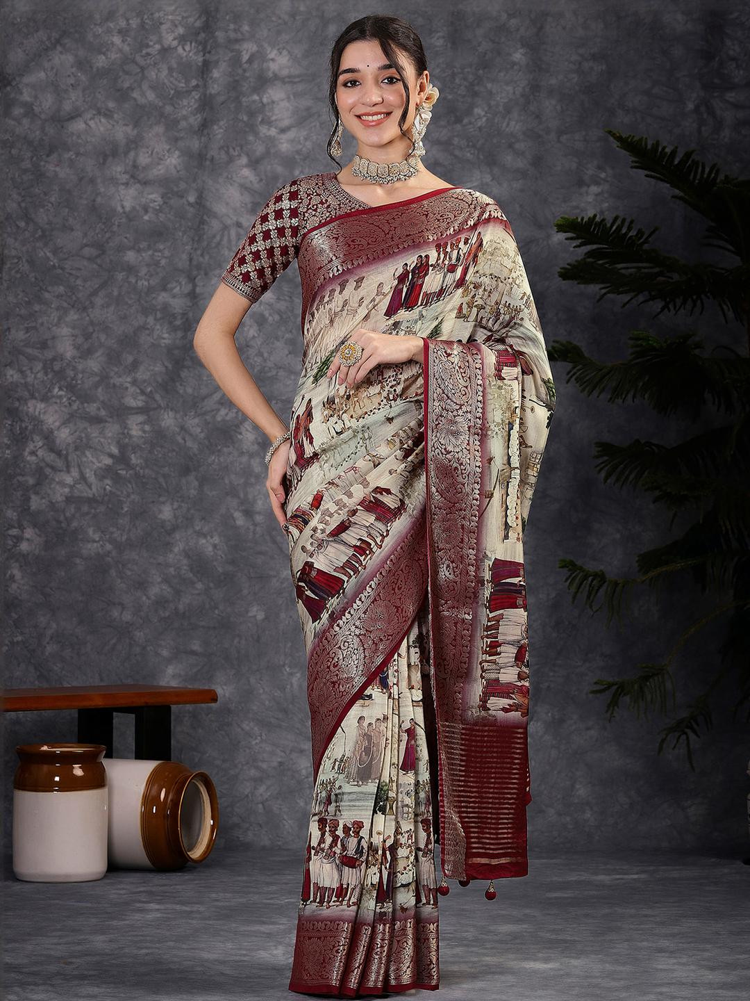 Anouk Cream &Brown Kalamkari Silk Blend Designer Sungudi Saree
