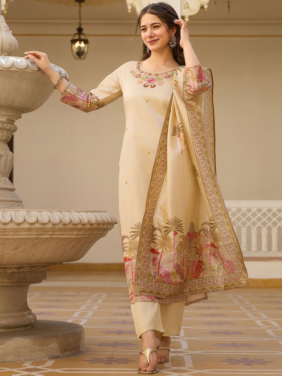 High Five Tex Floral Embroidered Beads and Stones Kurta With Trousers & Dupatta