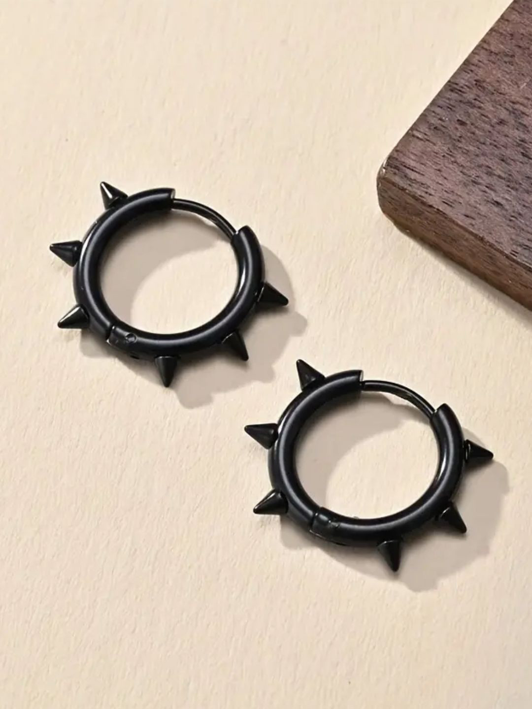 Young & Forever Men Stainless Steel Rhodium-Plated Spiked Shaped Hoop Earrings