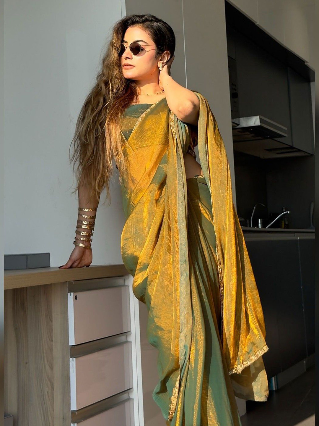 Parampara Ethnic Solid  Saree With Embroidered Beads and Stones Border