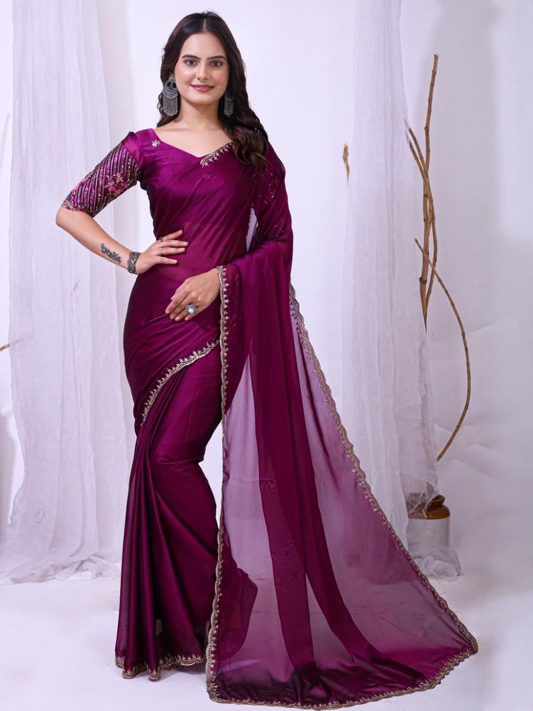 HERE&NOW Women Embroidery Chiffon Saree