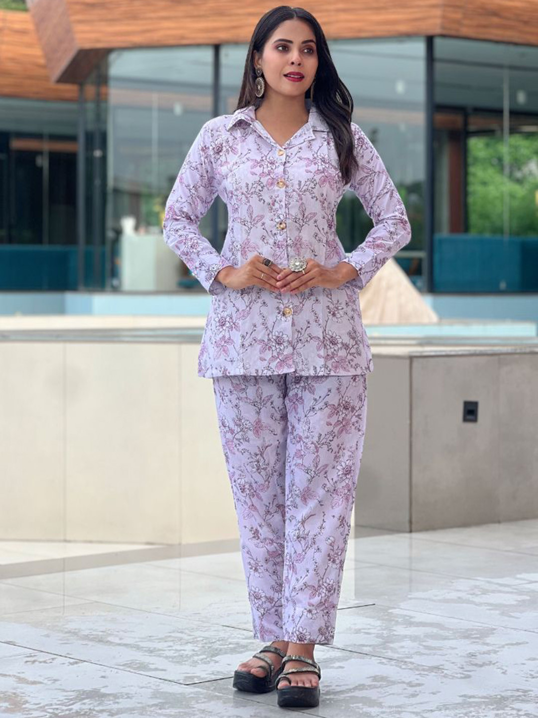 GRISHU COLLECTION Printed Pure Cotton Lapel Collar Shirt With Trousers