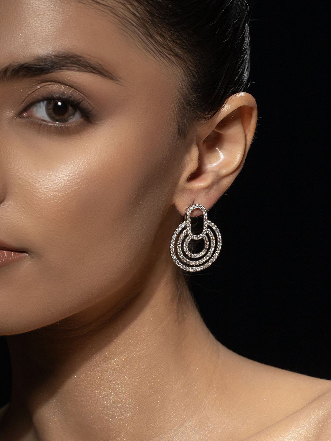 Voylla Halo Essence Rhodium-Plated American Diamond Contemporary Drop Earrings