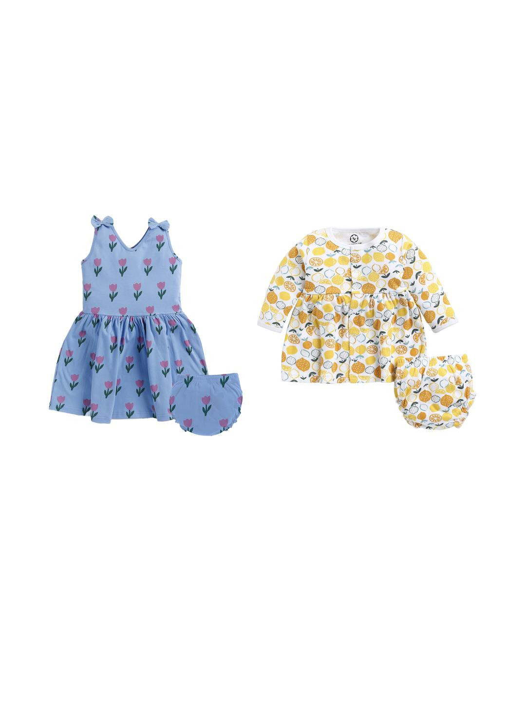 THE COTTON BABY Girls Pack of 2 Floral A-Line Mini Dress With Panty