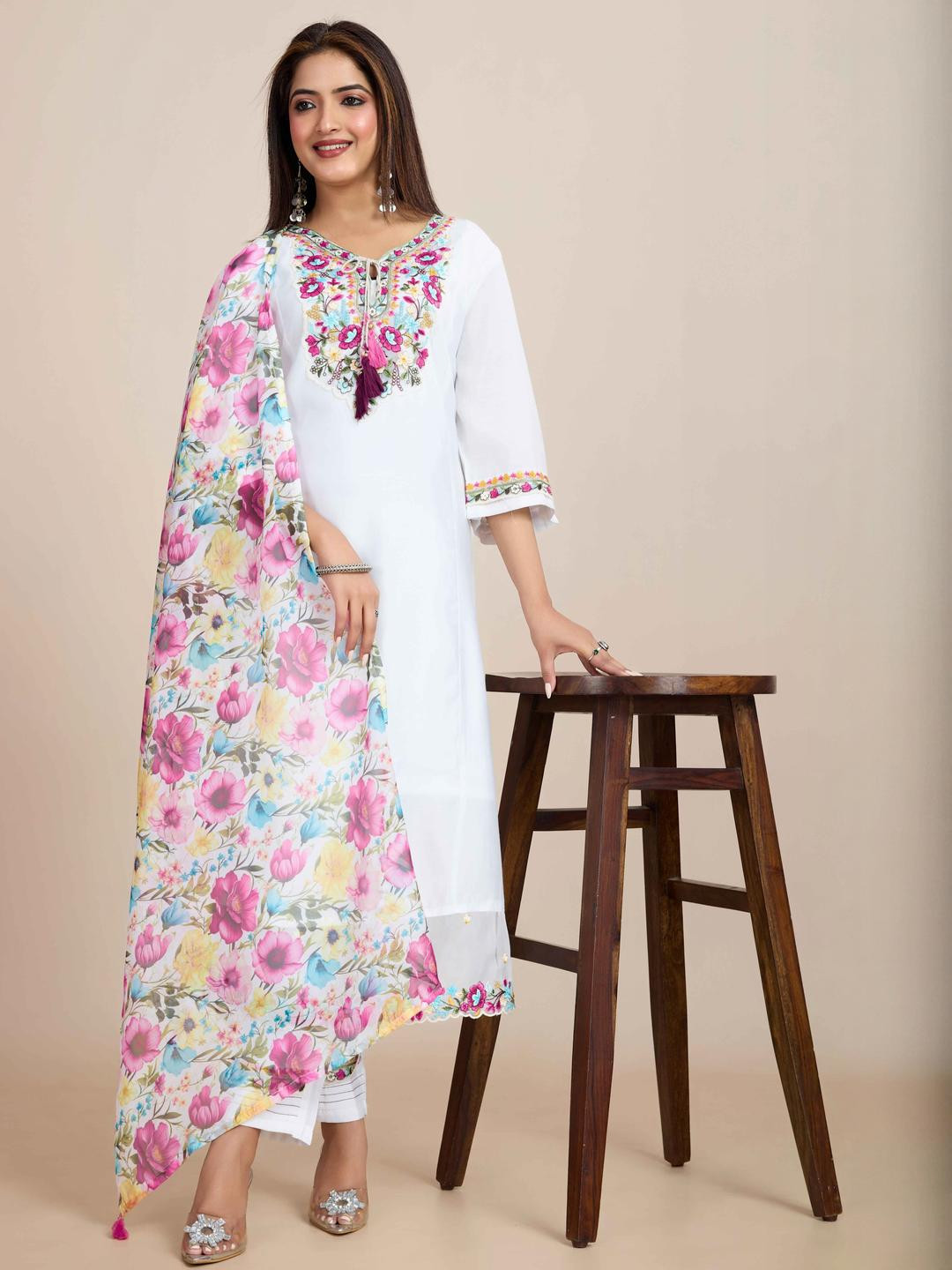 KALINI Women Off White Chanderi Silk Embroidered Kurta Sets
