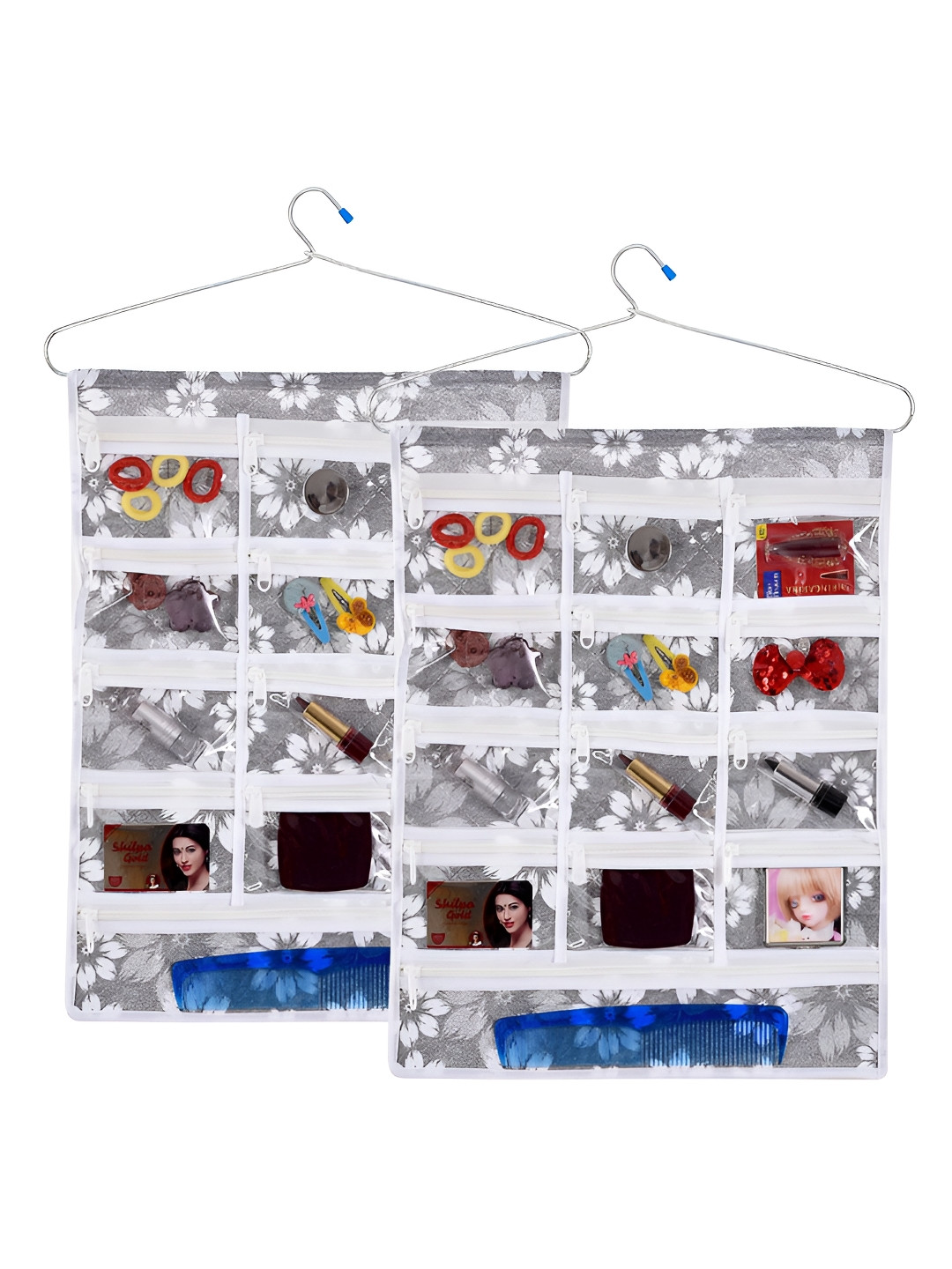 Aura Grey & White 2 Pieces Printed 13 Pocket Hanging Makeup Organisers