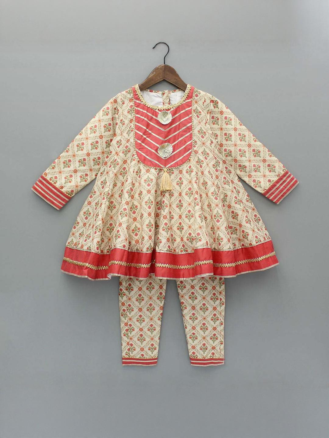 YK Girls Cream Polyester Printed Kurta Sets