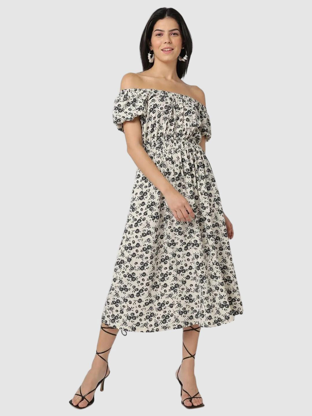 GAP Women Floral Printed Off-Shoulder Puff Sleeve Fit & Flare Midi Dress
