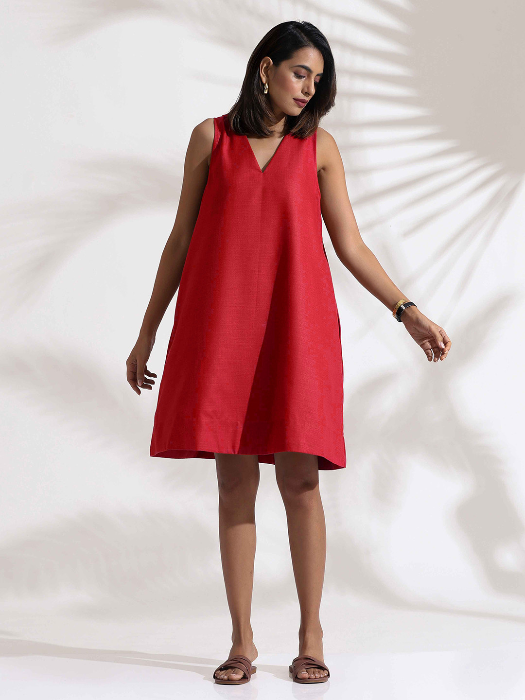 trueBrowns Women A-Line Red Cotton Blend Short Dress