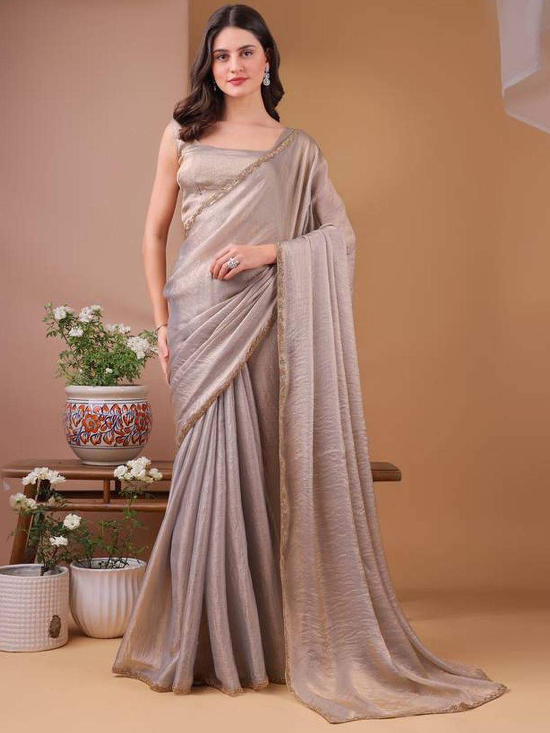 Sita Silver Silk Blend Solid Sarees