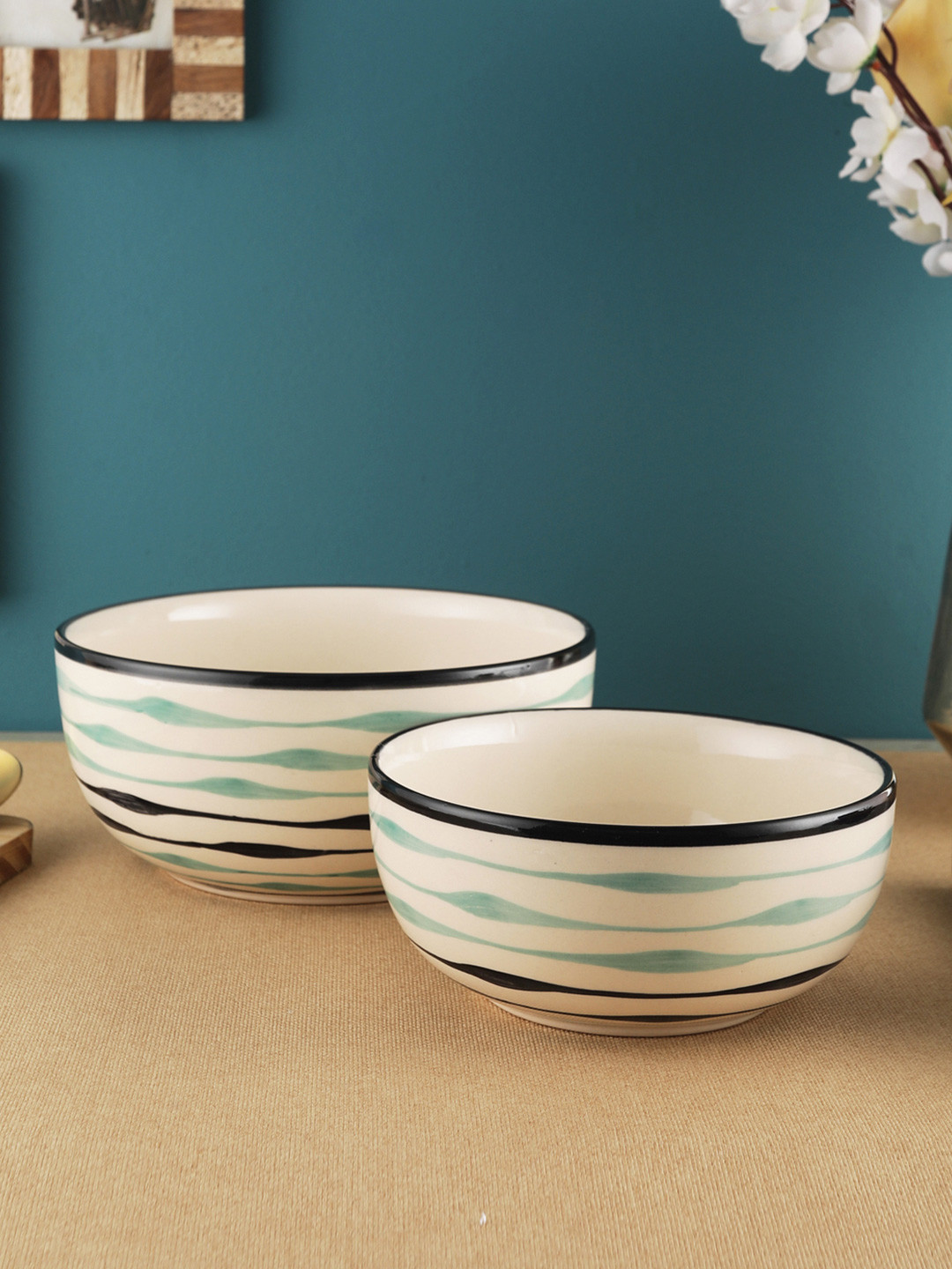 VarEesha Off-White 2-Pieces Printed Ceramic Bowls Set