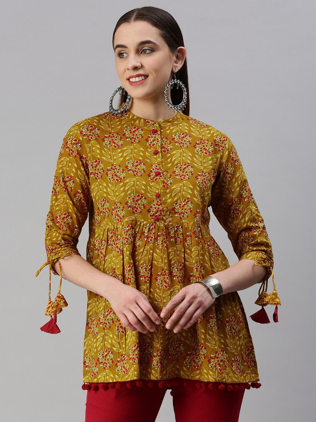 Khalish Mustard Floral Printed Cotton Mandarin Collar A-Line Tunic