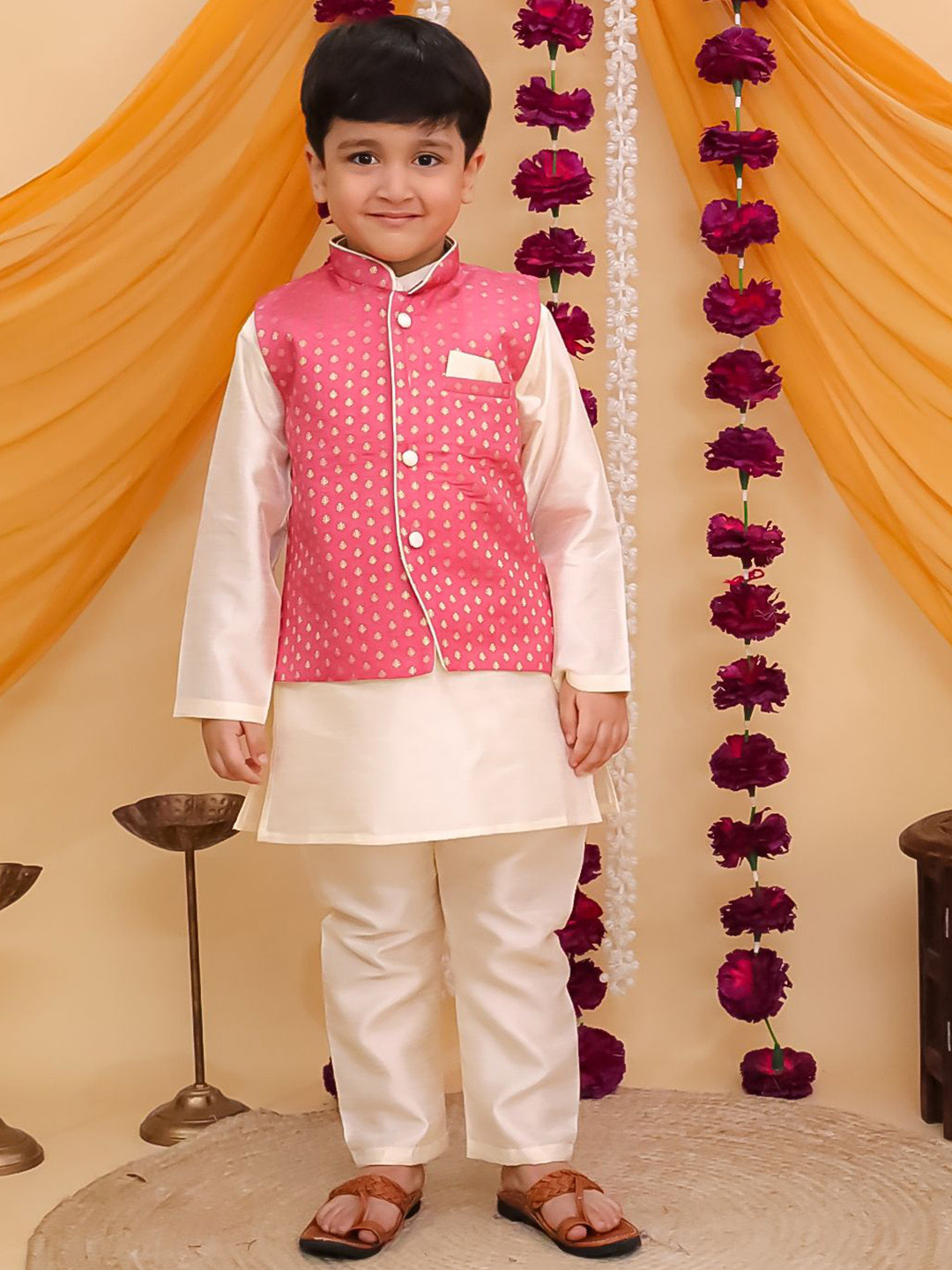 Aj DEZInES Boys Band Collar Regular Brocade Kurta With Pyjamas And Printed Waistcoat