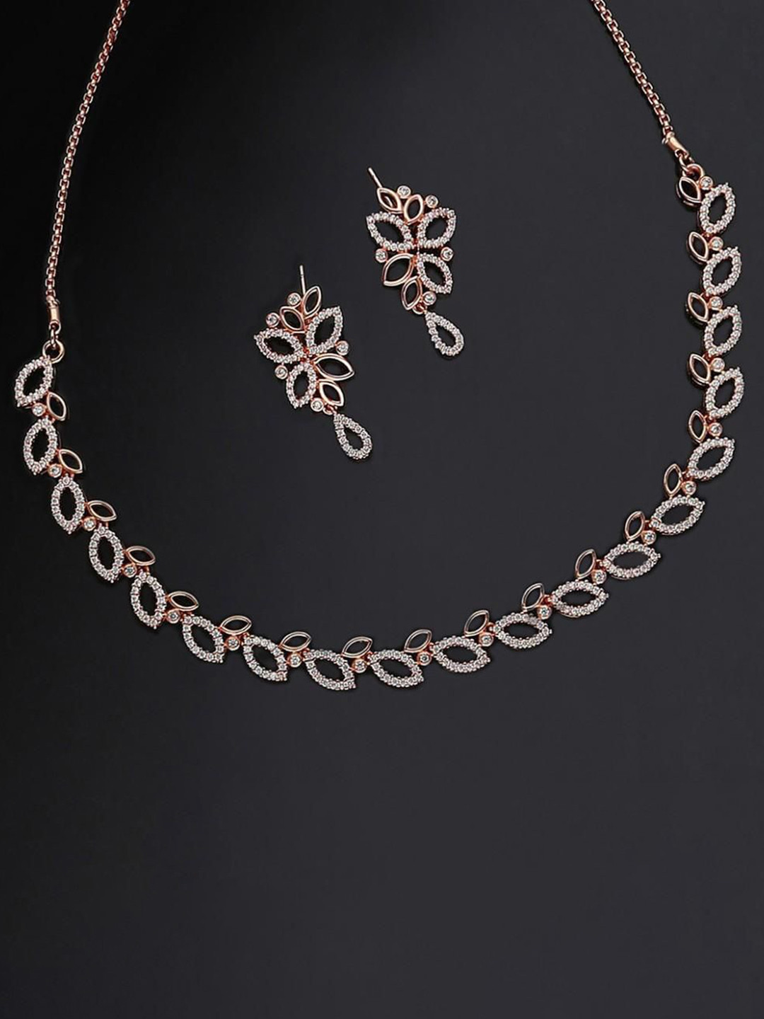 TULSHI JEWELLERY STORE Rose Gold-Plated American Diamond Studded Necklace and Earrings