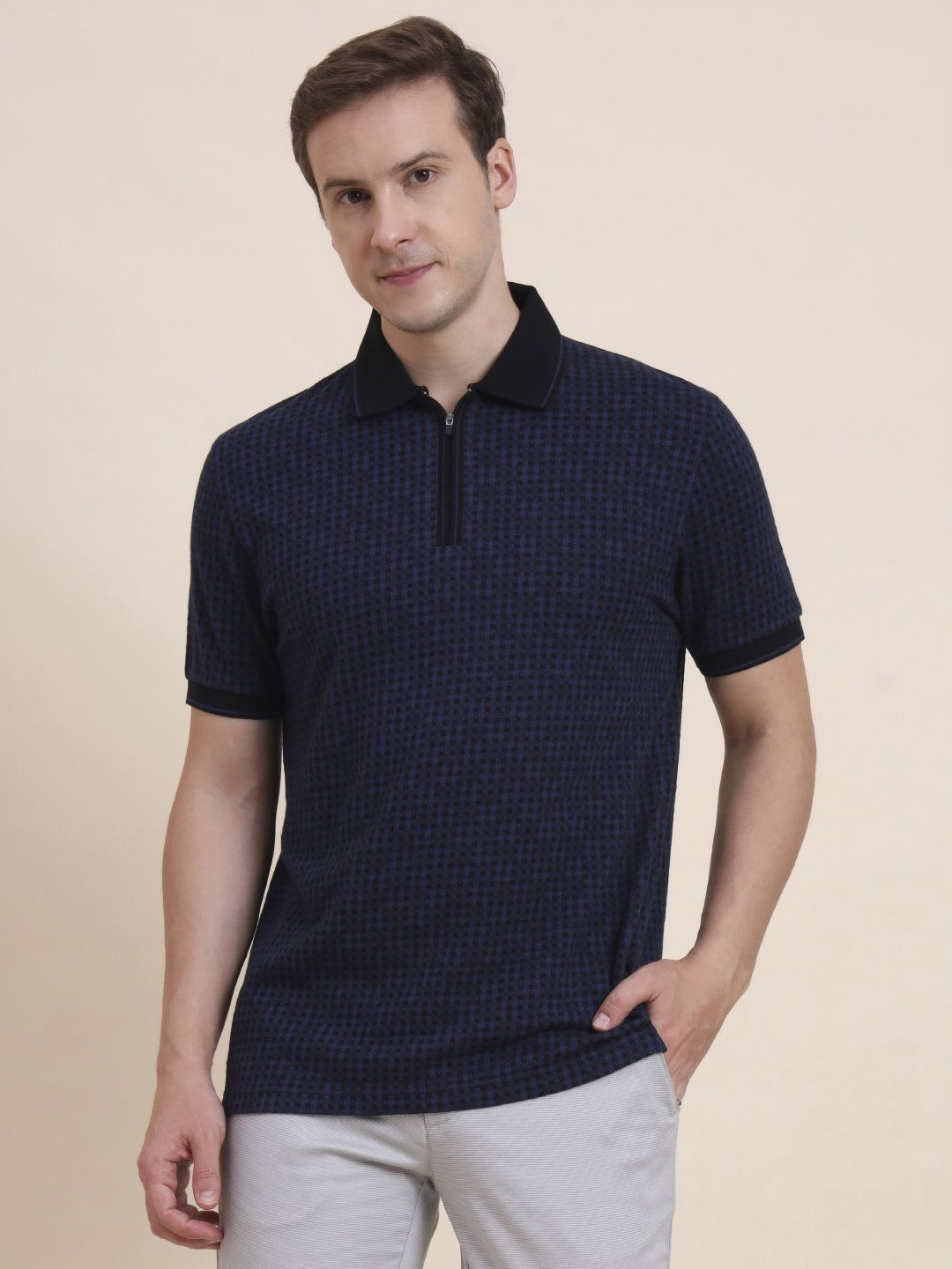 JADE BLUE Checked Polo Collar Short Sleeves Cotton T-shirt