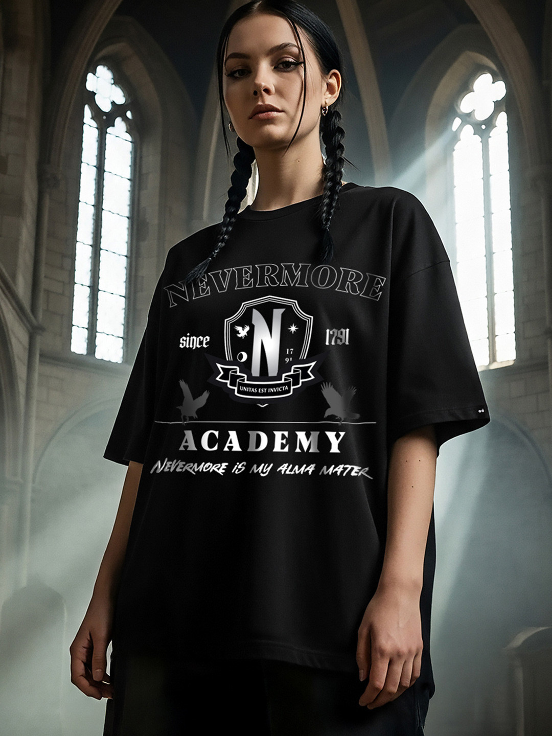 Bewakoof Official Wednesday Merchandise Nevermore Academy Typography Oversized T-shirt