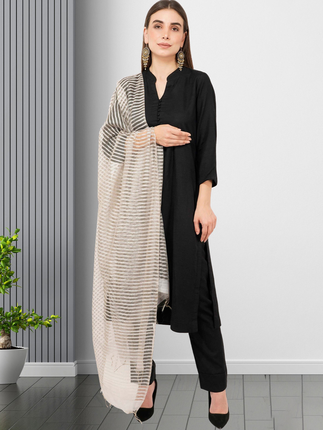 Rhe-Ana Taupe Striped Art Silk Dupatta