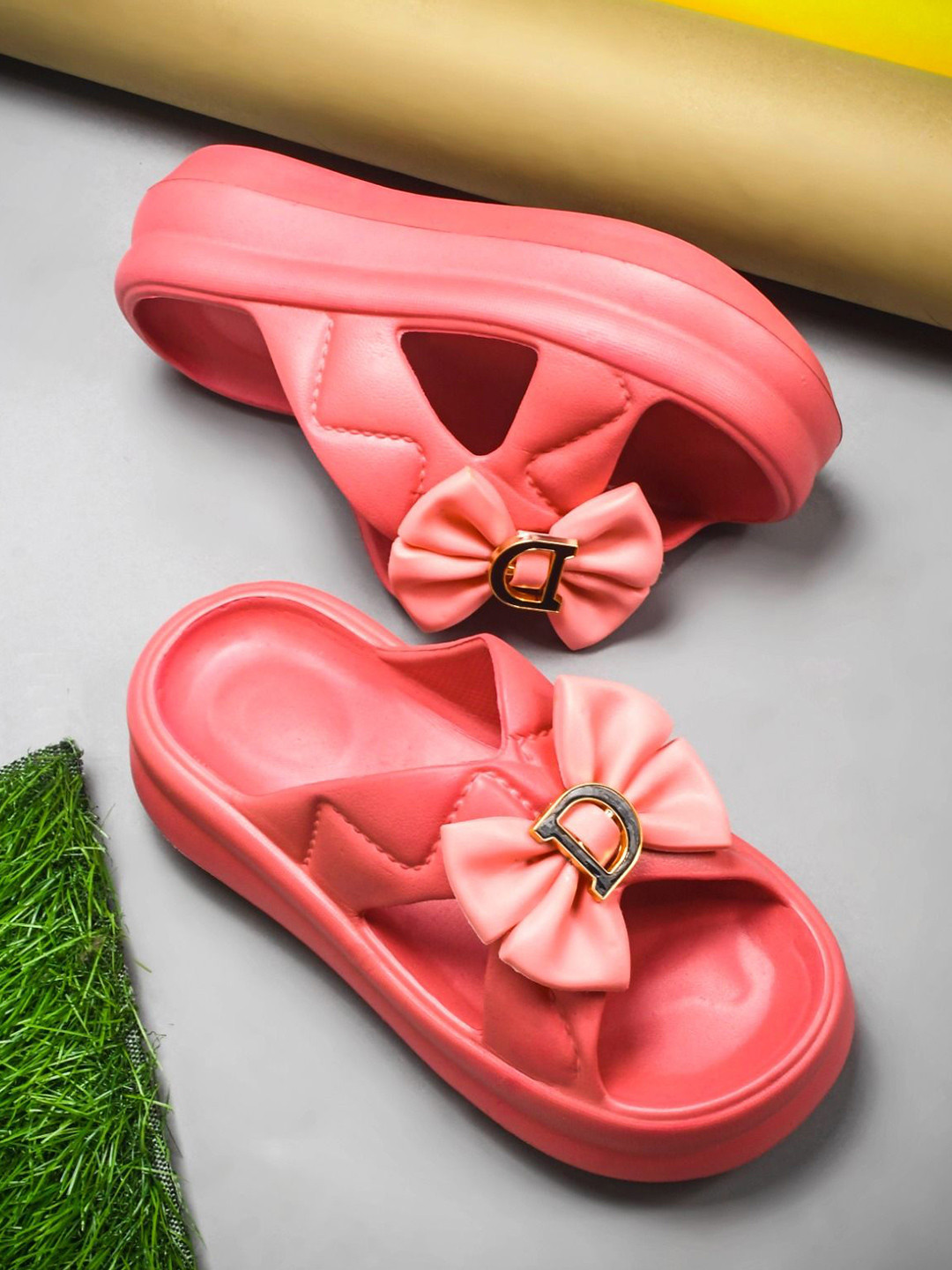 Deflow Bow Embellished Open Toe Flats
